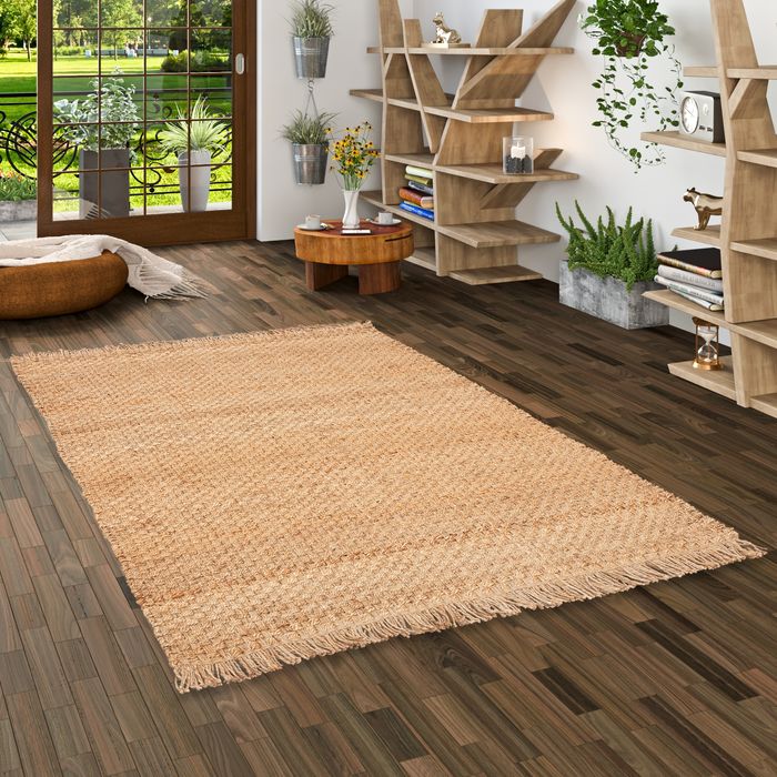 Naturfaser Teppich Handgefertigt Jute Salsa Beige Braun Fransen