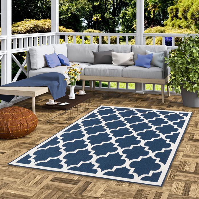 Intérieur et extérieur Réversible Tapis Cape Cod Aspect carrelage bleu crème