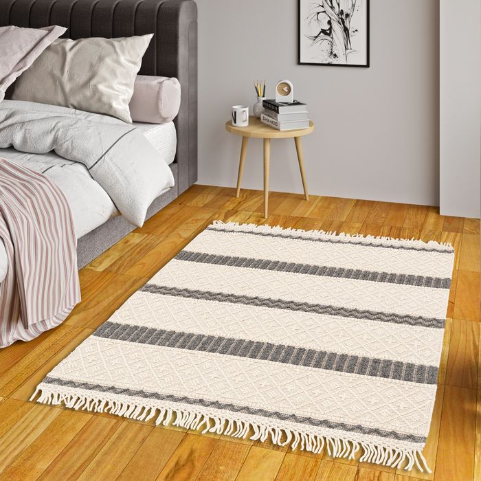 Natur Teppich Shaggy Wolle Linea Creme Stripes