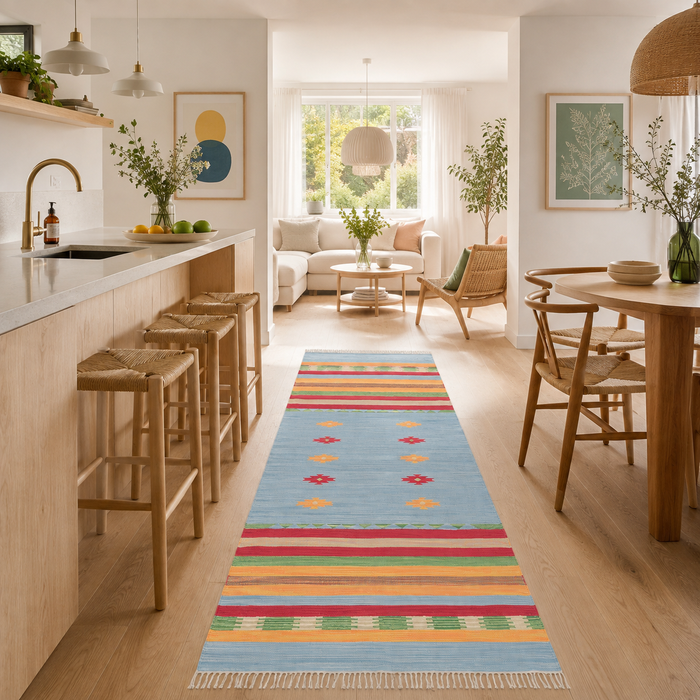 Coton Naturel Tapis Kilim Lina Bleu rayé