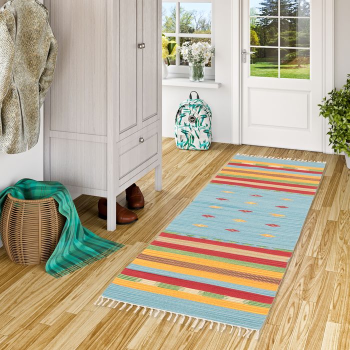 Baumwolle Natur Kelim Teppich Läufer Lina Blau Stripes