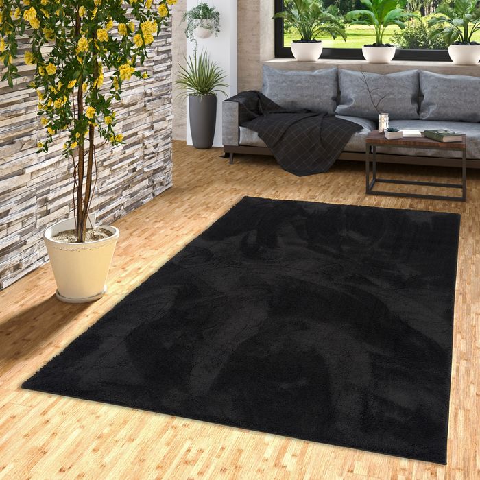 Luxus Super Soft Hochflor Langflor Teppich Silky Schwarz