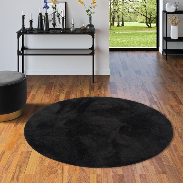 Luxus Super Soft Hochflor Langflor Teppich Silky Schwarz Rund