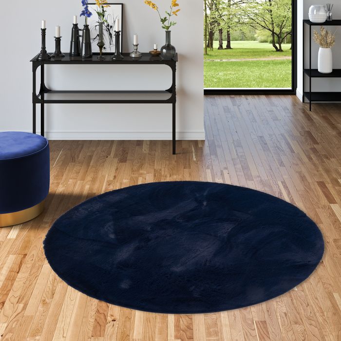 Tapis de luxe en fourrure Super doux Plush Bleu foncé Rond