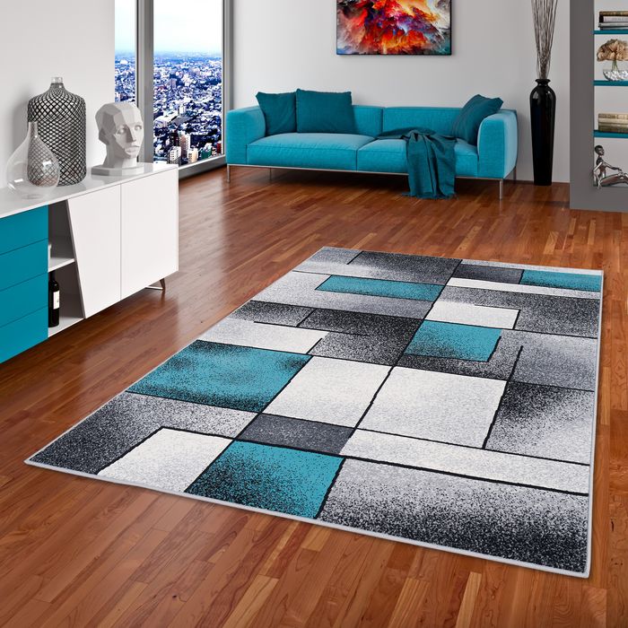 Designer Teppich Kurzflor Moderne Karo Muster