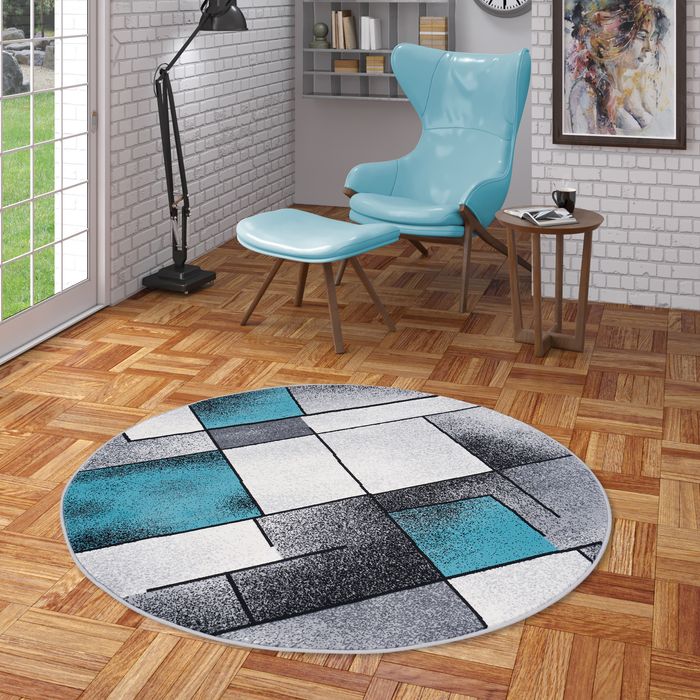 Designer Teppich Kurzflor Moderne Karo Muster Rund