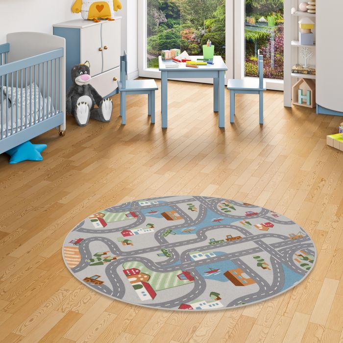 Kinder Spiel Straßenteppich Fun Town Grau Rund