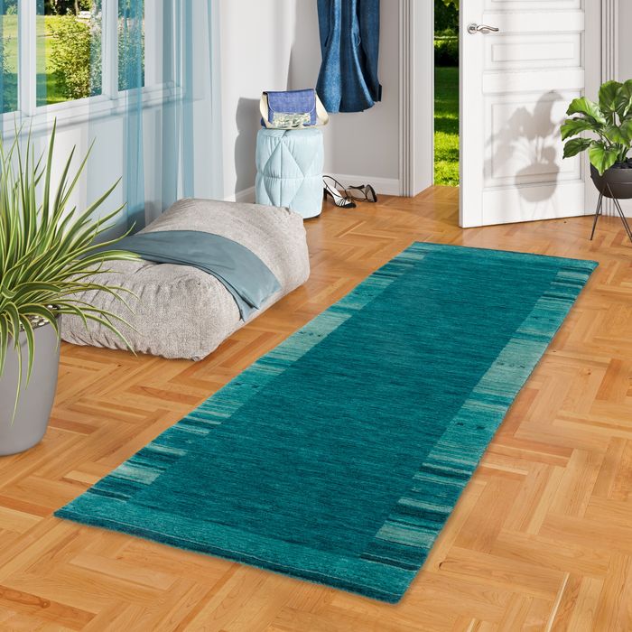 Läufer Natur Teppich Gabbeh Esta Blau Petrol Bordüre