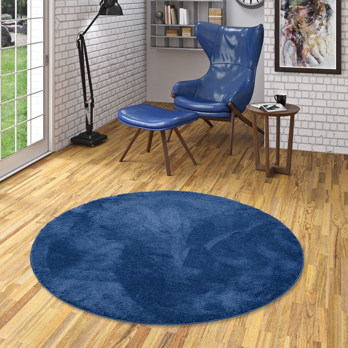 Luxe super doux Tapis à poils longs Silky Bleu Foncé Rond
