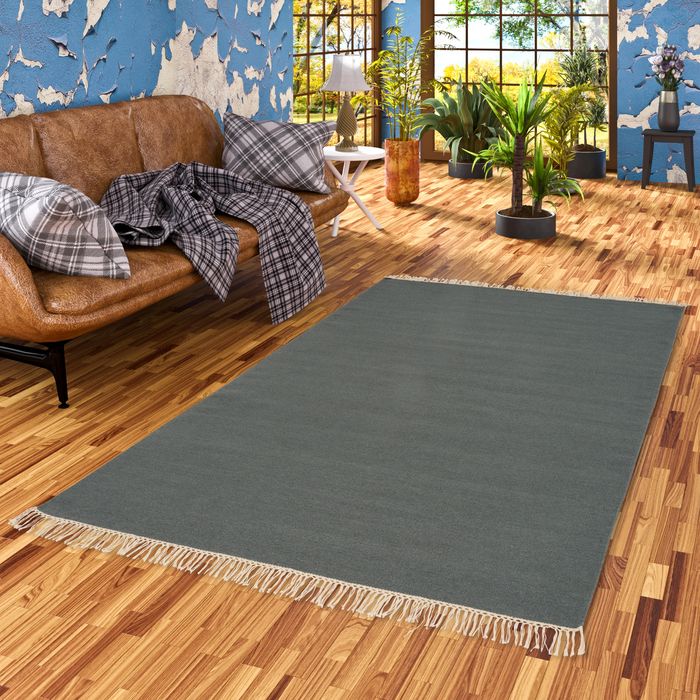 Wolle Natur Teppich Kelim Mila Blau Grau