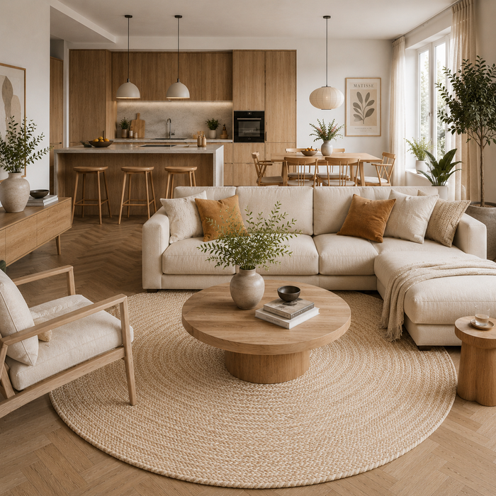Naturfaser Teppich Handgefertigt Jute Kaya Beige Meliert Rund