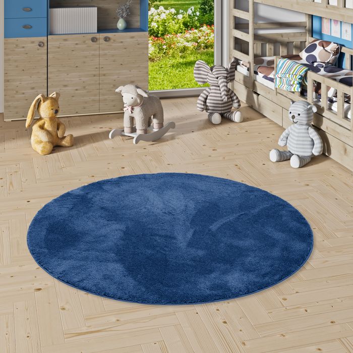 Super doux tapis pour enfants à poils longs Silky Kids bleu foncé rond