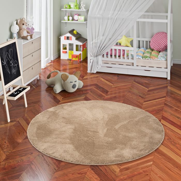 Super Soft Kinder Hochflor Teppich Silky Kids Taupe Rund