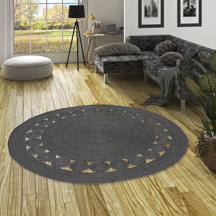 Tapis en fibres naturelles Jute fait main Salsa Moderne Anthracite Rond