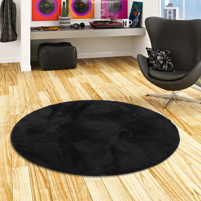 Super Soft Kinder Hochflor Teppich Silky Kids Schwarz Rund
