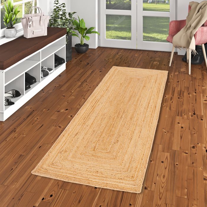 Couloir de tapis en fibres naturelles fait main en jute Salsa avec bordure beige
