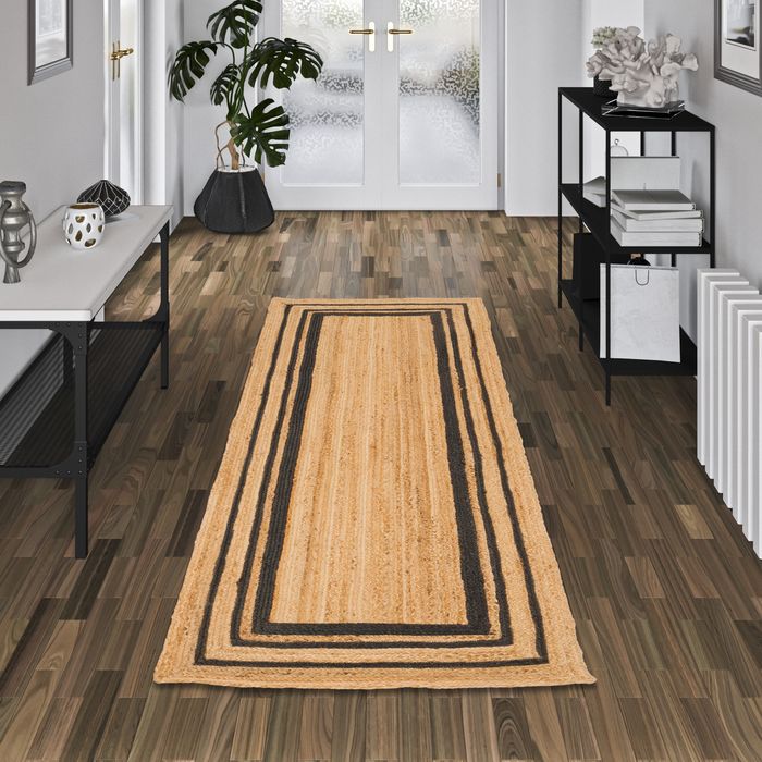 Tapis de couloir en fibres naturelles fait main en jute Salsa avec bordure anthracite