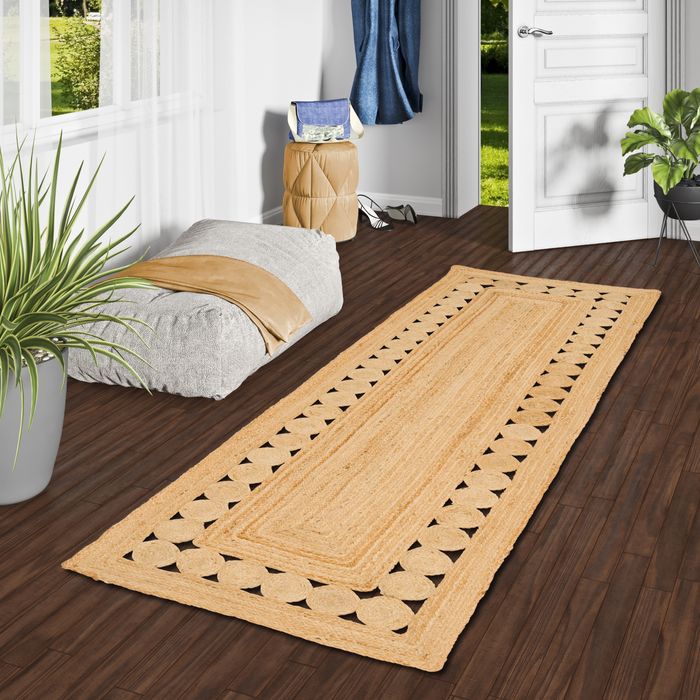 Naturfaser Teppich Läufer Handgefertigt Jute Salsa Ethno Beige Bordüre