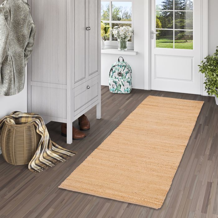 Tapis de couloir en fibres naturelles fait main en jute Salsa beige marron uni