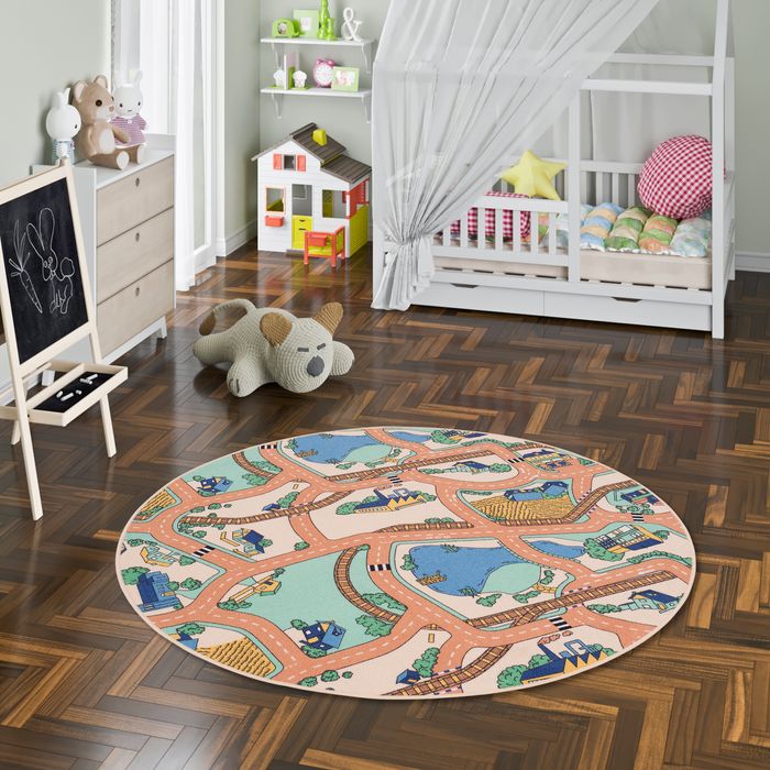 Kinder Spiel Straßenteppich Beige Rund