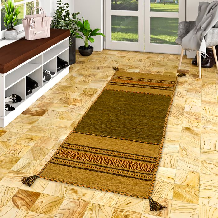 Tapis de couloir naturel Kelim Navarro Brun Rouille