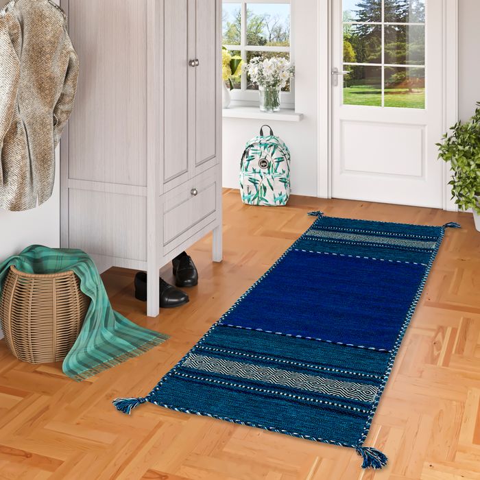 Tapis de couloir naturel Kelim Navarro Bleu