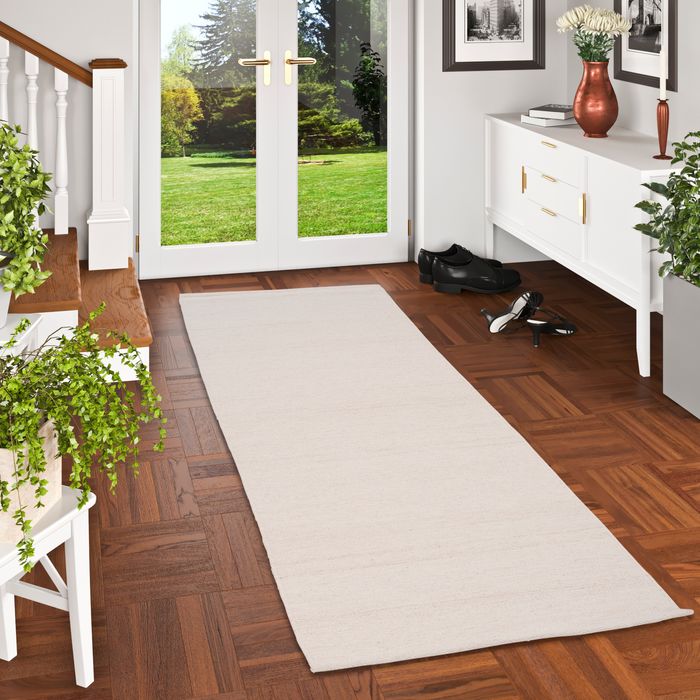 Tapis Couloir en Laine Naturelle Kelim Woolly Blanc Laine Mêlé