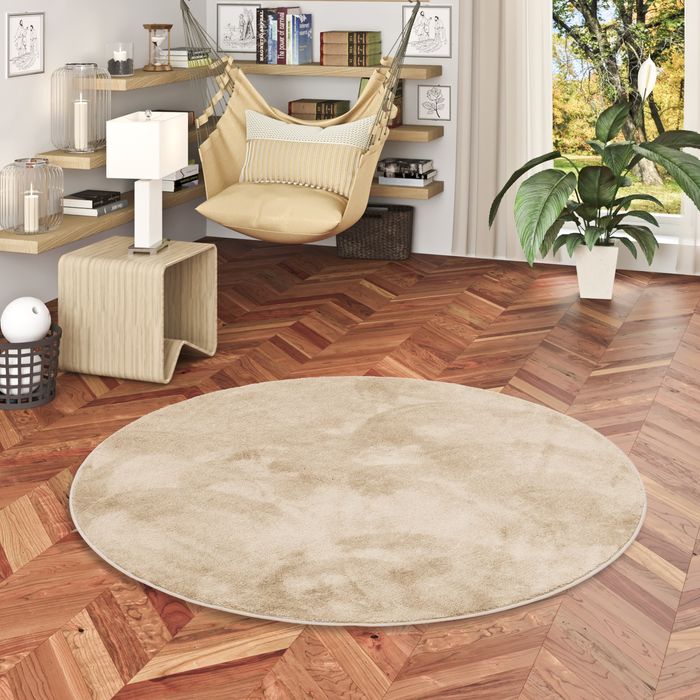Tapis Rond Deluxe Beige Ultra Doux à Poils Longs