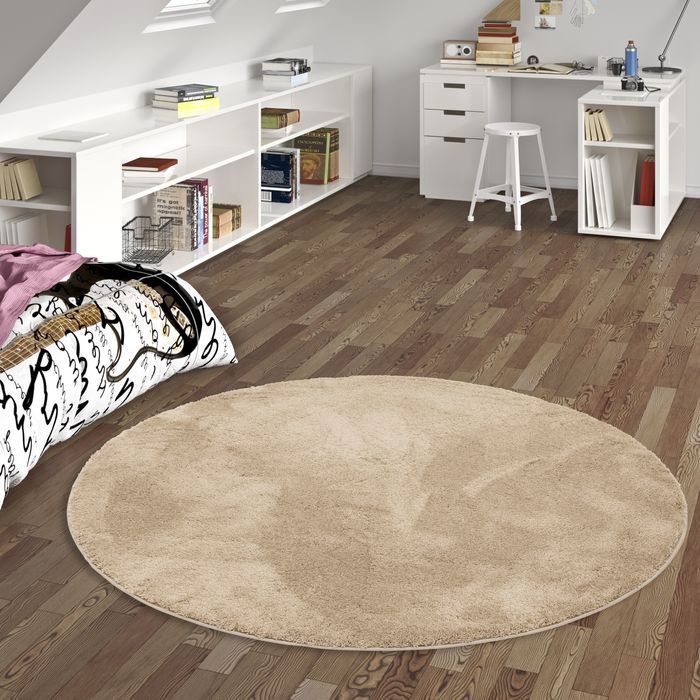 Super Soft Kinder Hochflor Teppich Silky Kids Beige Rund