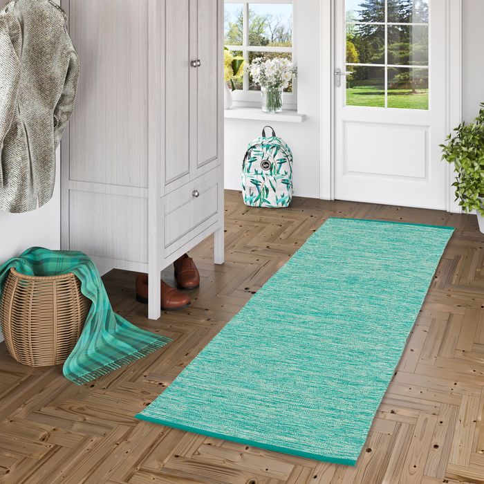 Coton Naturel Tapis Kilim Couloir Easy Turquoise Chinée