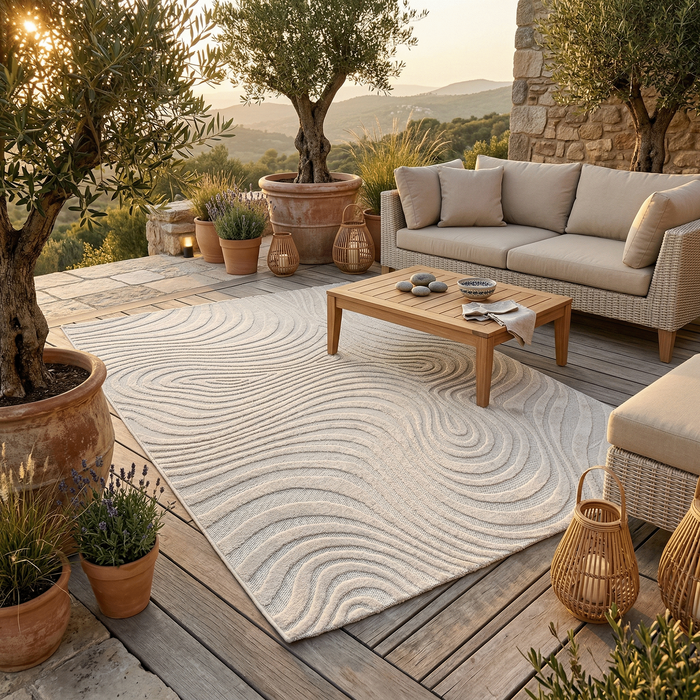 Classy Tapis Tissé Plat Intérieur & Extérieur Crème Ondulations