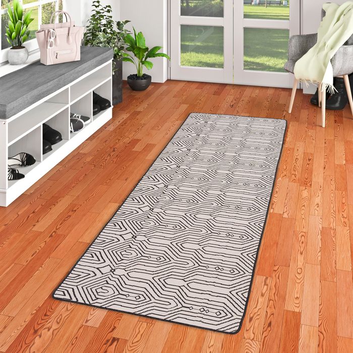 In- und Outdoor Teppich Läufer Beidseitig Newport Boho Schwarz Weiss