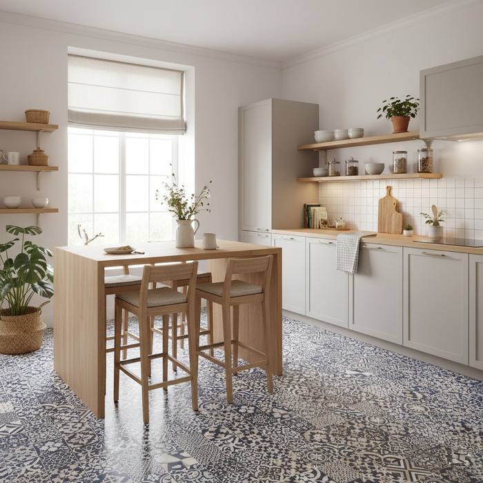 Vinyl Boden CV-Belag Fliesenoptik Blau/Beige