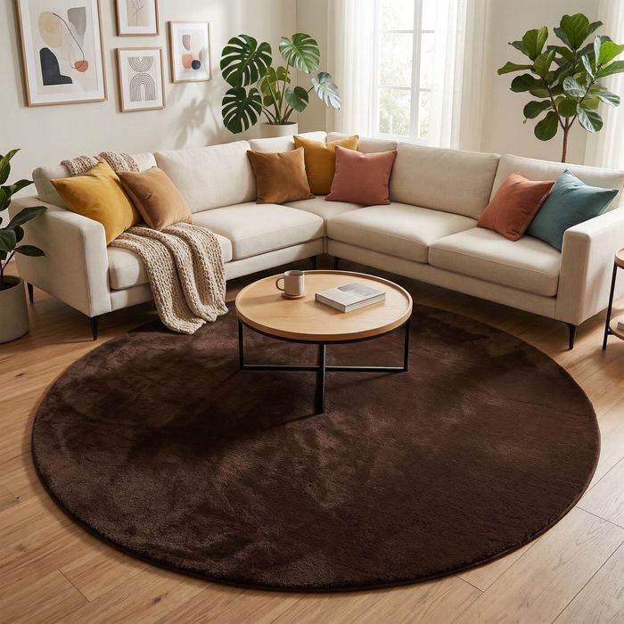 Luxueux tapis en fausse fourrure super douce Pearl brun foncé rond
