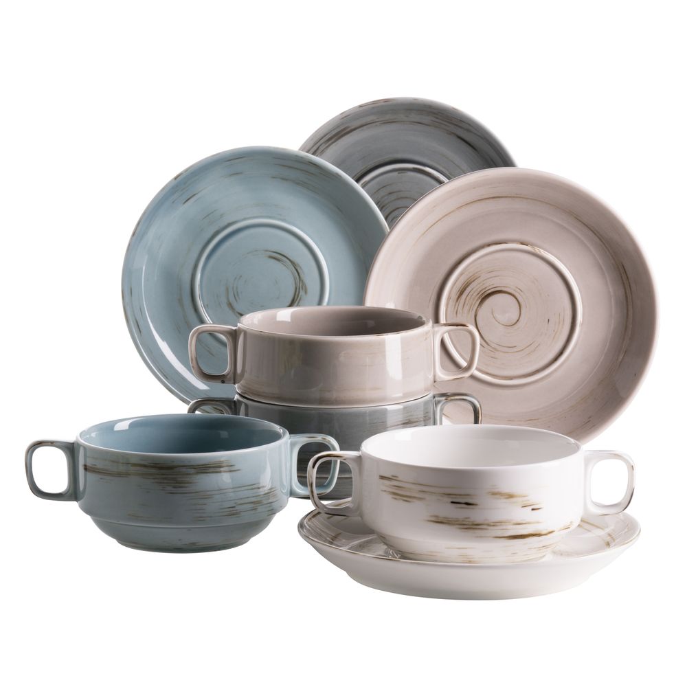 Mäser 931453 Derby Suppentassen Set für 4 Personen Suppenschüsseln & Untertassen Durable Porzellan, blau/beige/dunkelgrau, 8-teilig (1 Set)