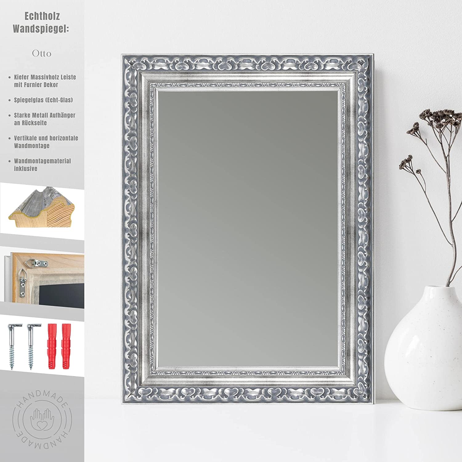 CLAMARO 'OTTO' Antik Wandspiegel mit Rahmen | Silber Grau | Shabby Chic Vintage Barock Spiegel mit Holzrahmen | Barockspiegel inkl. Metall Aufhänger und Montagematerial