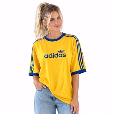 adidas 70s Oversize Trefoil Stripes Tee Damen Shirt Gelb Blau GD2304 Relaxed Fit