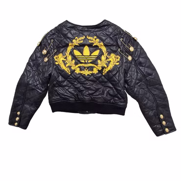 Adidas Jeremy Scott Damen Quilted Leather Crop Leder Jacke Biker Schwarz Gold