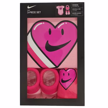 NIKE Baby Heart Set Geschenk Geburt Body Schuhe Socken Lätzchen Rosa Pink