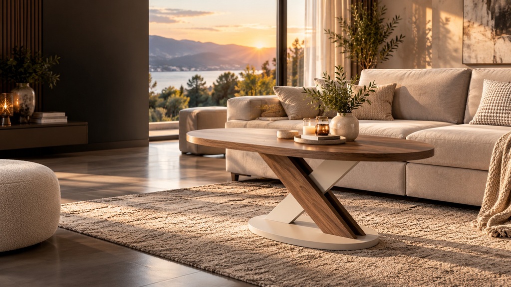 Wohnzimmerimpression mit Couchtisch vor schwarzem Sofa