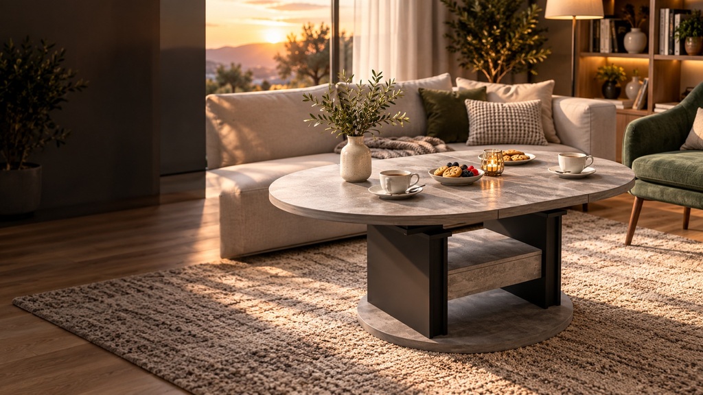 Höhenverstellter Funktionstisch vor gelbem Sofa