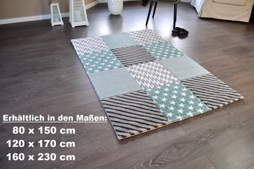 Hochwertiger FLORA Design Teppich Relief TF-22 Türkis Grau Weiß STERNE 160 x 230