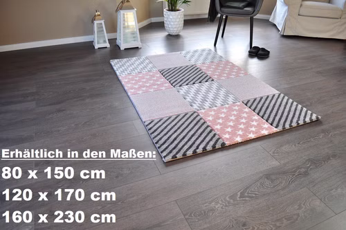 Hochwertiger FLORA Design Teppich Relief TF-23 Rosa Grau Weiß STERNE 80 x 150