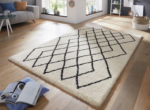 Design Velours Hochflor Teppich 160 x 230 cm Touch Creme Schwarz HF-1