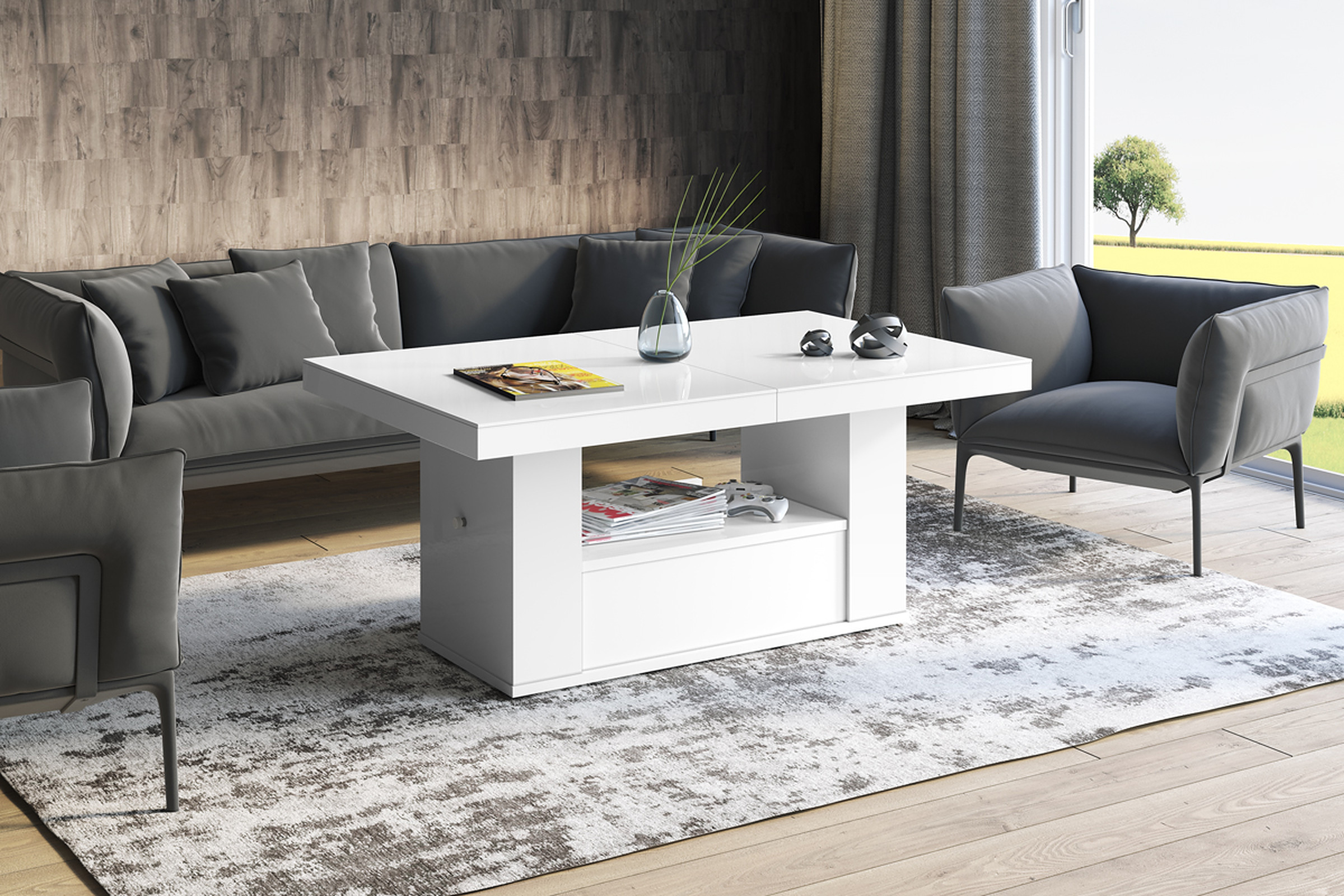 Design Couchtisch Tisch HM-111 Hochglanz Schublade höhenverstellbar ausziehbar Esstisch