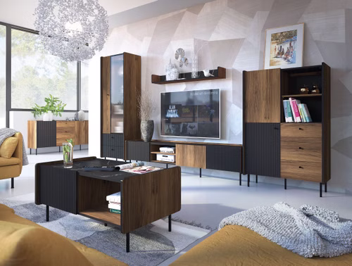 Couchtisch DC-6 Marmor Schwarz - Nussbaum Tisch Wohnzimmertisch mit Ablagefläche