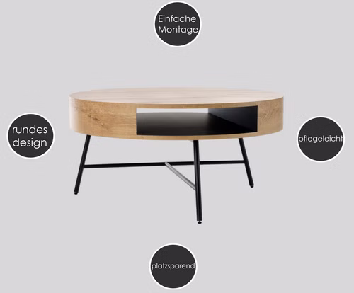 Design Couchtisch rund HCA-111 Eiche Gold - Schwarz matt Wohnzimmer