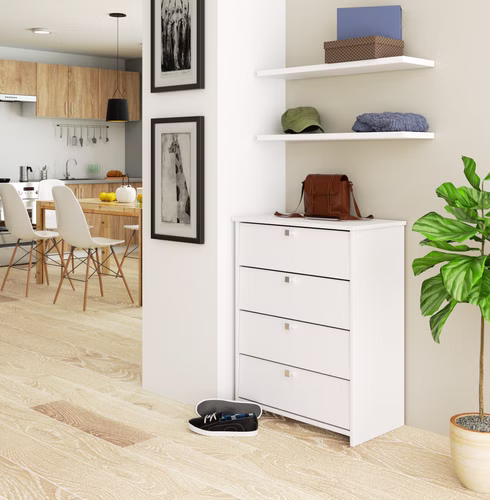 Design Schuhschrank AS-111 Weiß mit 4 Fächern für 8 Paar Schuhe Schuhregal Schuhaufbewahrung Schuhkommode