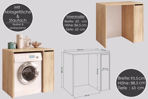 Carl Svensson W-222 Waschmaschinenschrank mit Ablage & Stauraum 93,5x88,5x63 cm Badezimmerschrank Waschmaschinenunterschrank