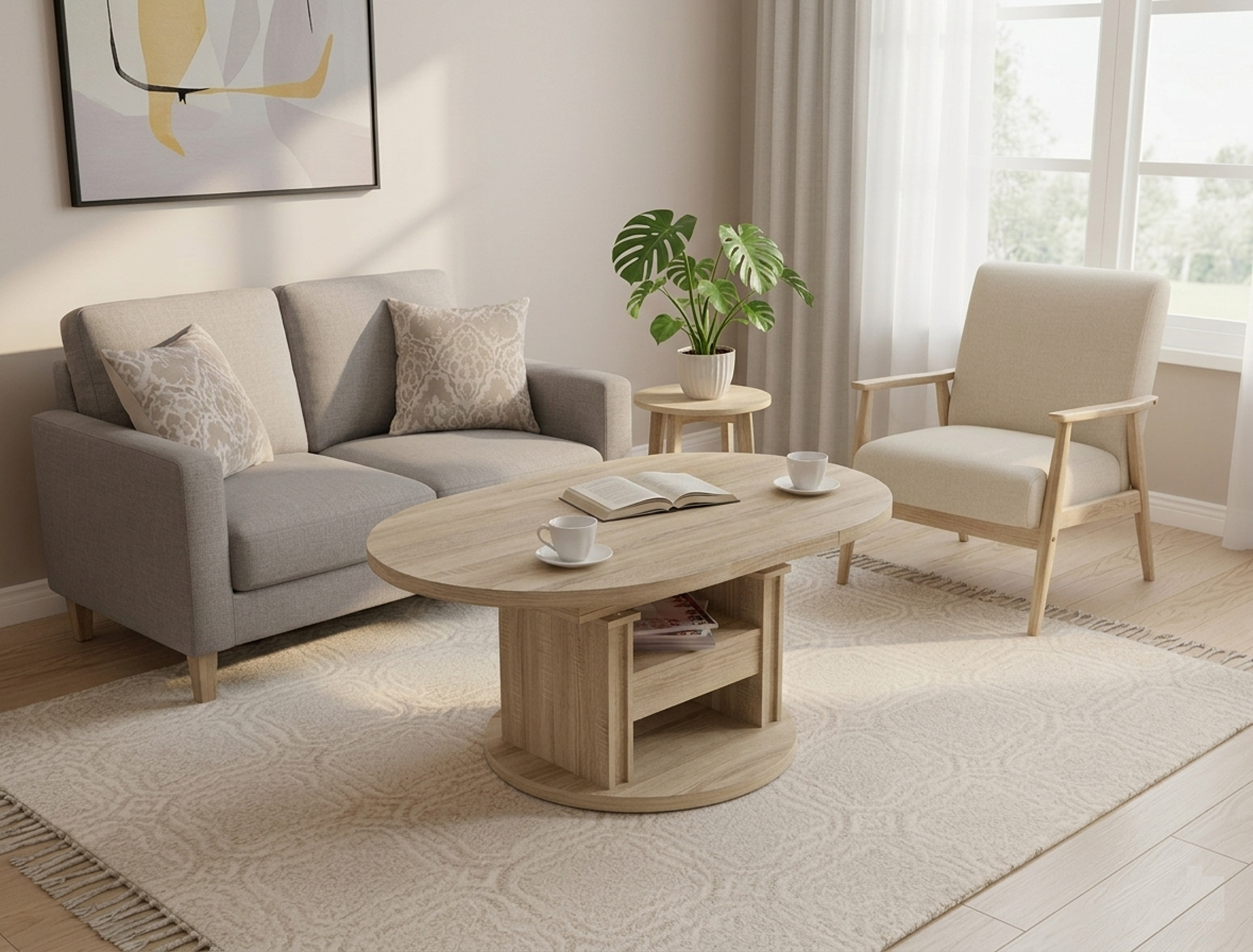 Design Couchtisch DA-999 rund 100 - 140cm ausziehbar höhenverstellbar mit Schublade und Ablage